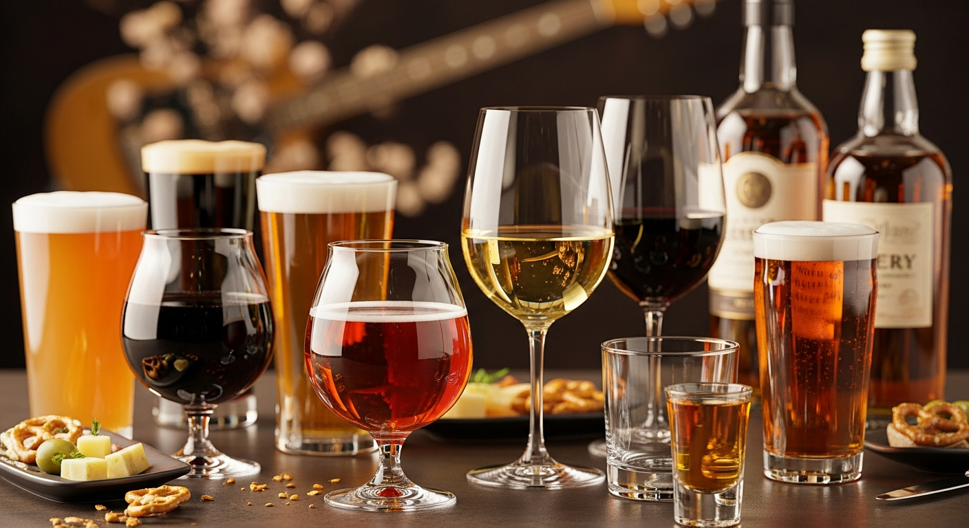 An assortment of various beers, red and white wines, and spirits in different glasses are displayed on a table with pretzels, cheese, and olives, against a blurred background featuring an acoustic guitar.