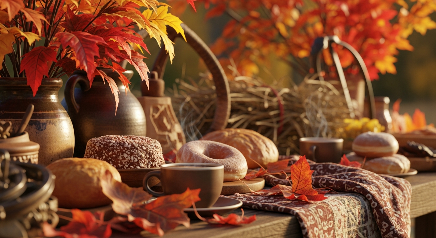 A cozy autumn spread on a rustic wooden table with vibrant red and yellow fall leaves in vases, fresh baked goods like donuts and bread, and steaming coffee.