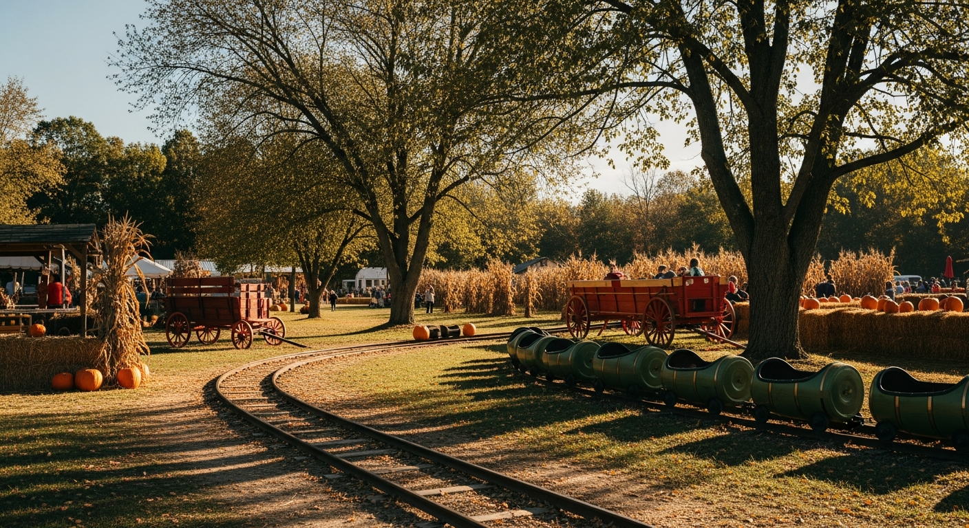 A vibrant autumn scene at a pumpkin patch or fall festival, featuring a miniature train track in the foreground with green passenger cars. Red wagons, hay bales, pumpkins, and corn stalks are scattered around, while people stroll beneath large trees on a sunny day.