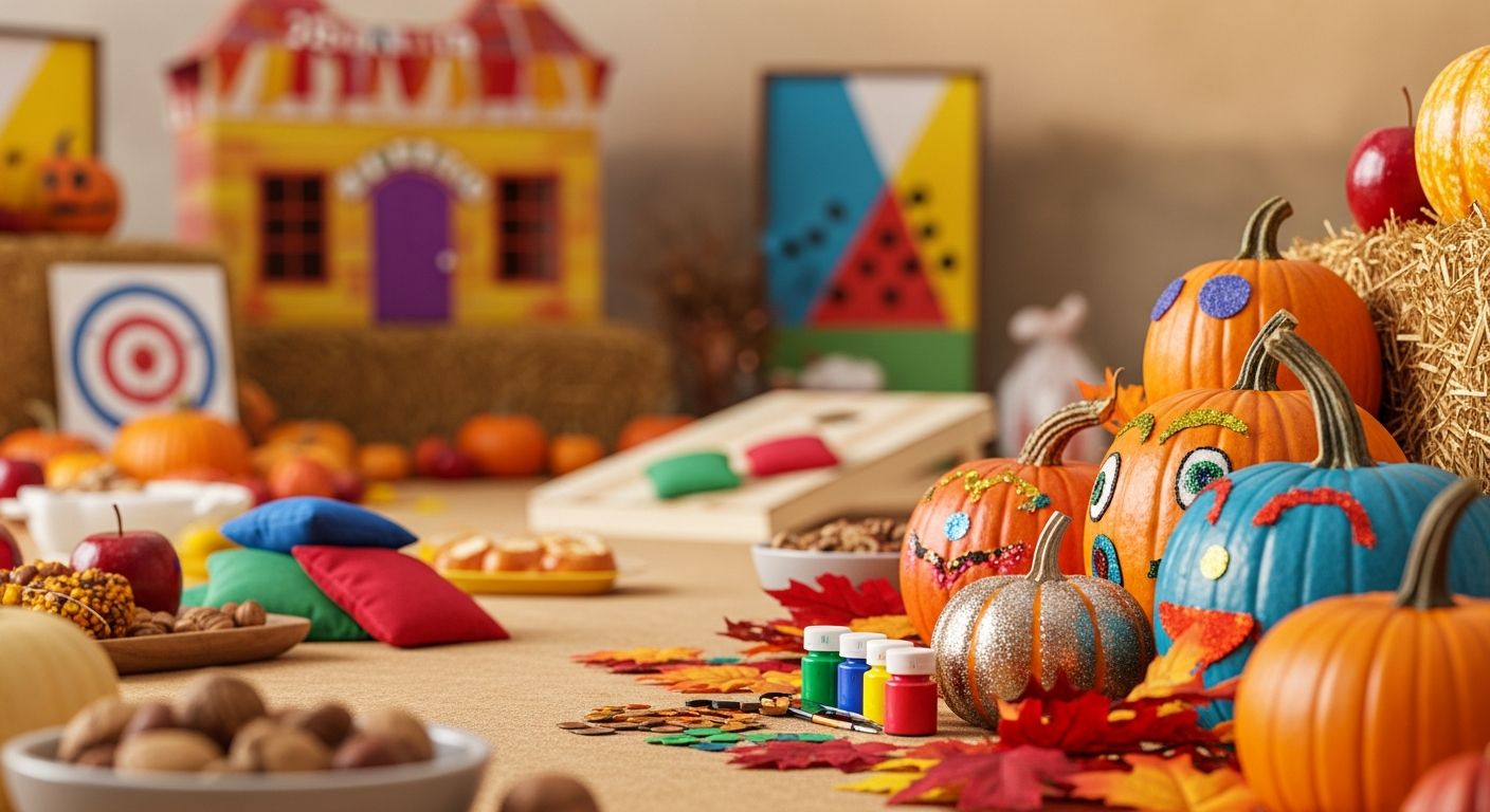 A vibrant autumn scene featuring decorated pumpkins, craft supplies, and fall leaves in the foreground, with carnival-style games like a target board and beanbag toss in the festive background.