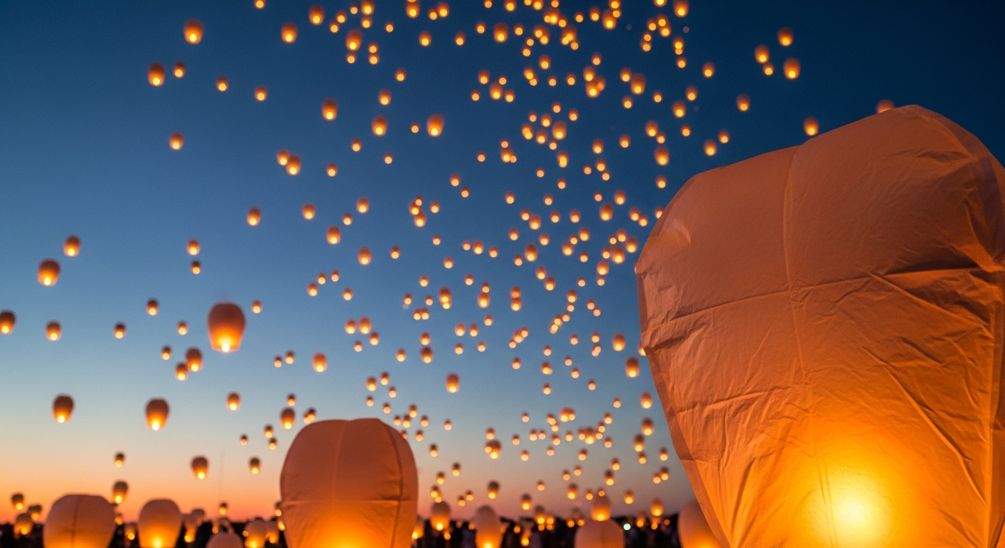 Numerous illuminated sky lanterns float upwards against a twilight sky that transitions from deep blue to orange at the horizon, with one large lantern glowing in the foreground.