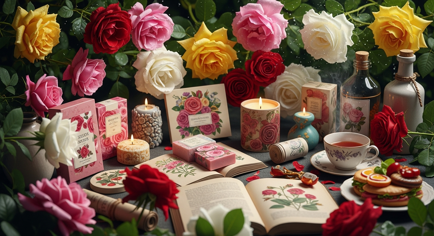 A lush arrangement of red, pink, yellow, and white roses is interspersed with various rose-themed items on a dark surface. These include lit candles, open books with botanical illustrations, decorative soaps, and a teacup, creating an opulent still life.