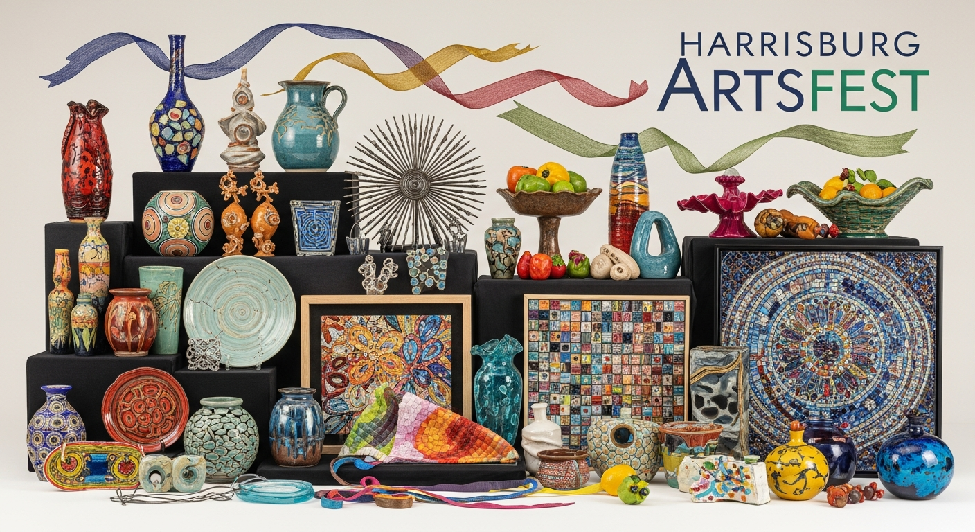 A vibrant display of diverse handcrafted artworks, including colorful pottery, ceramics, and framed mosaic pieces, is arranged on black platforms. The Harrisburg Artsfest logo and colorful ribbons float above the collection.