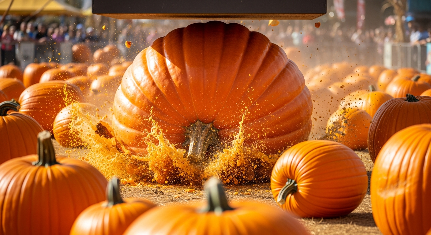 A large orange pumpkin bursts open, sending bright orange pulp splattering across the ground, surrounded by many other pumpkins. A crowd watches in the sunny background, suggesting a pumpkin smashing event.