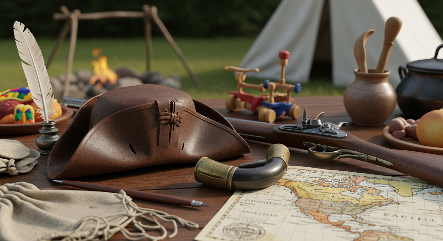 A rustic camp scene features a wooden table covered with historical items including a brown tricorn hat, a quill, a flintlock rifle, a powder horn, and an antique map. A glowing campfire and a white canvas tent are visible in the soft-focus background.