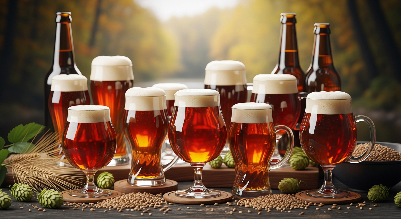 Multiple glasses and bottles of foamy amber beer are arranged on a wooden table with barley, hops, and wheat stalks, against a blurred autumn background.