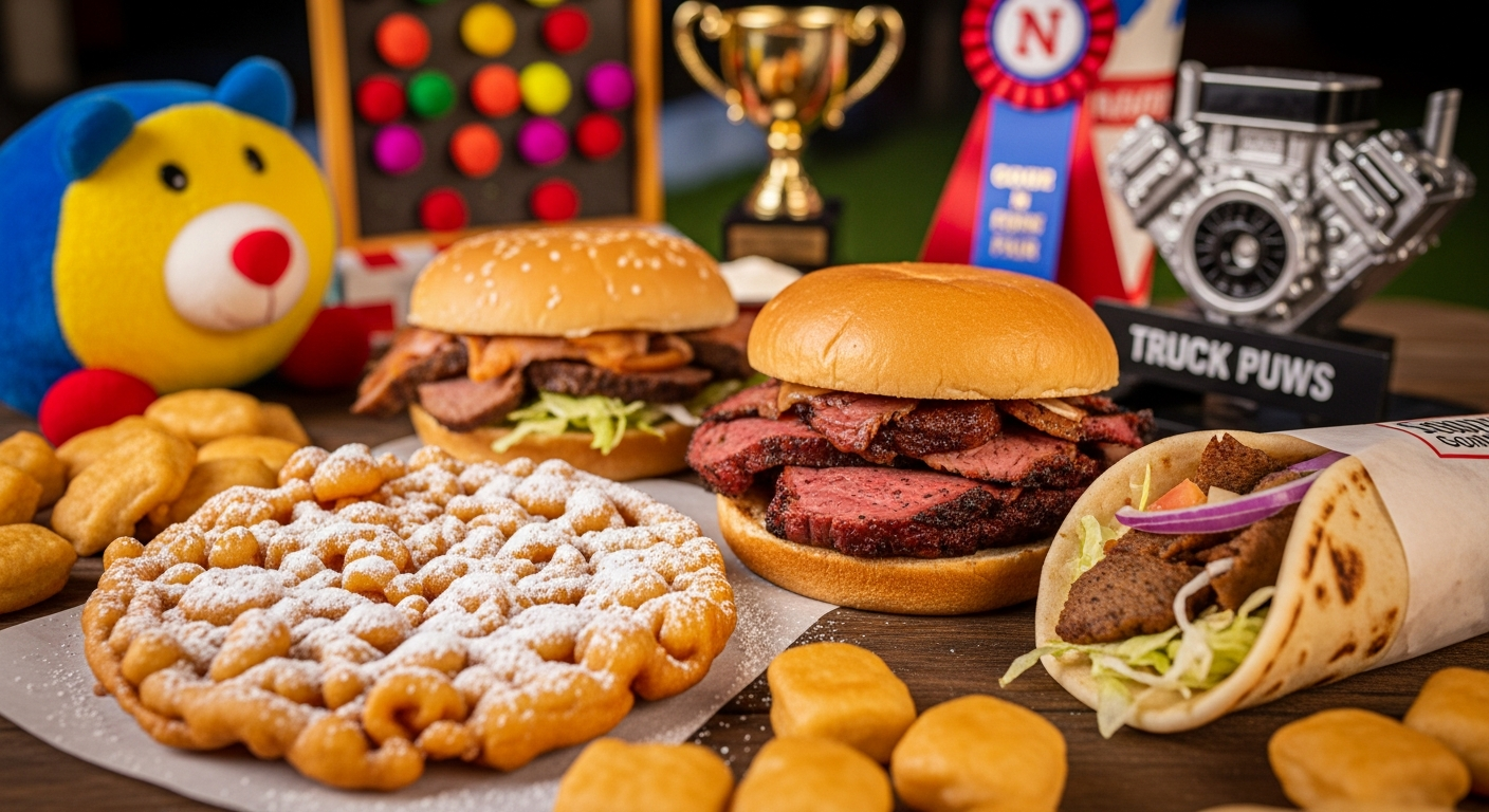 Two hearty meat sandwiches, a gyro wrap, a large powdered sugar funnel cake, and fried dough pieces are spread across a wooden surface. In the background, a plush bear, gold trophy, and award ribbon suggest a fair or carnival setting.