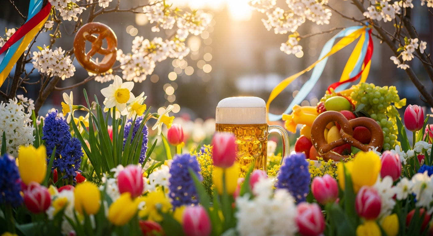 A vibrant spring scene with a frothy beer stein surrounded by colorful tulips, daffodils, and hyacinths. Blossoming trees adorned with festive ribbons and pretzels frame the background, lit by golden hour sunlight.