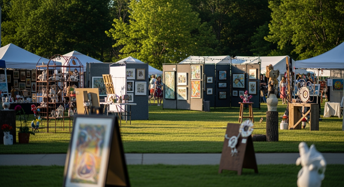 An outdoor art festival on a green lawn, featuring numerous white tents and display panels filled with framed paintings, sculptures, and handcrafted items. Visitors browse the various artist booths under sunlight.