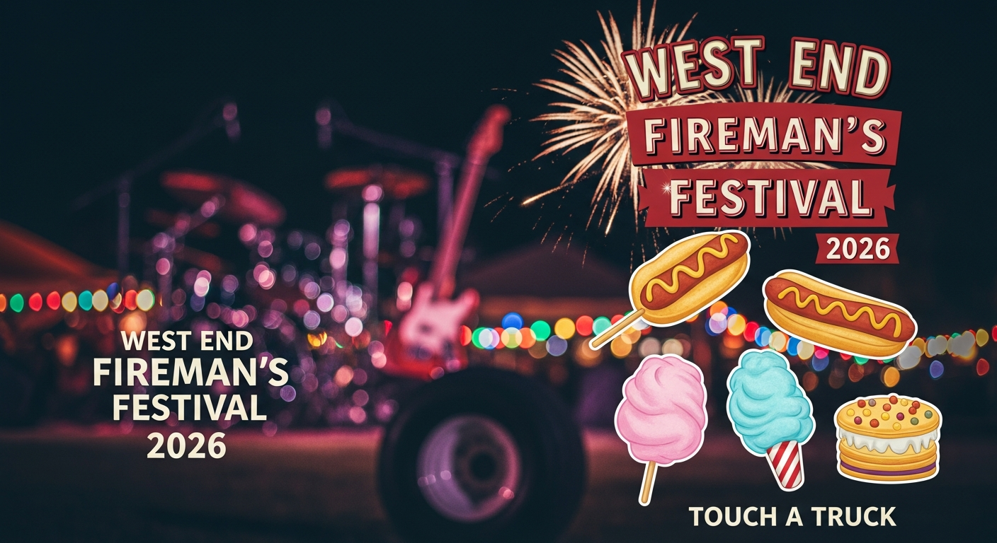 West End Fireman's Festival 2026 banner set against a blurred night scene with fireworks and a concert stage. Illustrations of hot dogs, cotton candy, and a cookie cake are displayed alongside 