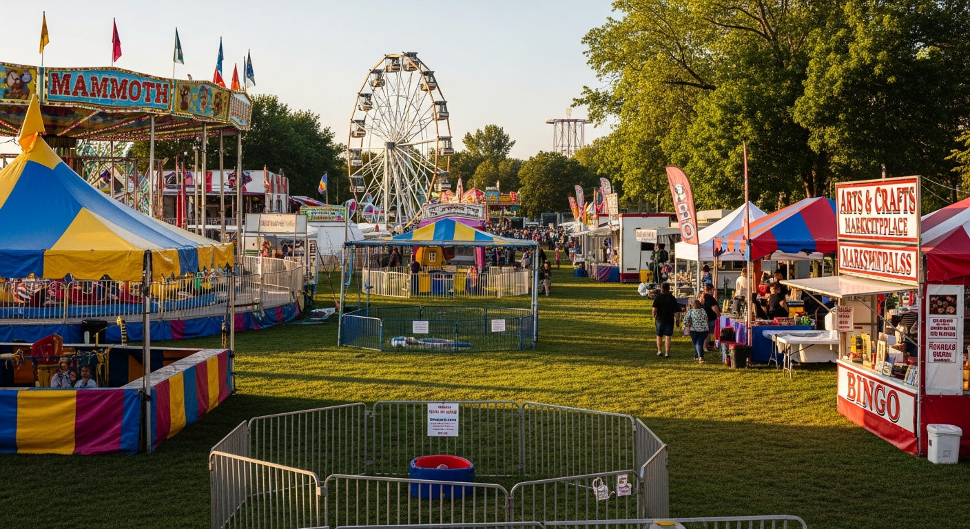 A vibrant outdoor carnival scene unfolds on a sunny green field, featuring a large Ferris wheel, numerous colorful rides, and busy vendor tents as people stroll through the attractions.