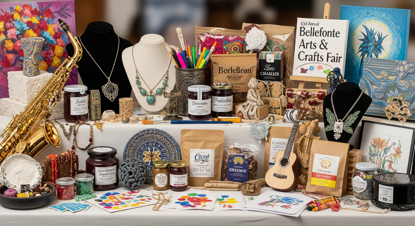 A vibrant display of handmade goods, including jewelry, preserves, art supplies, paintings, a saxophone, and a ukulele, fills a white table. A sign advertises the