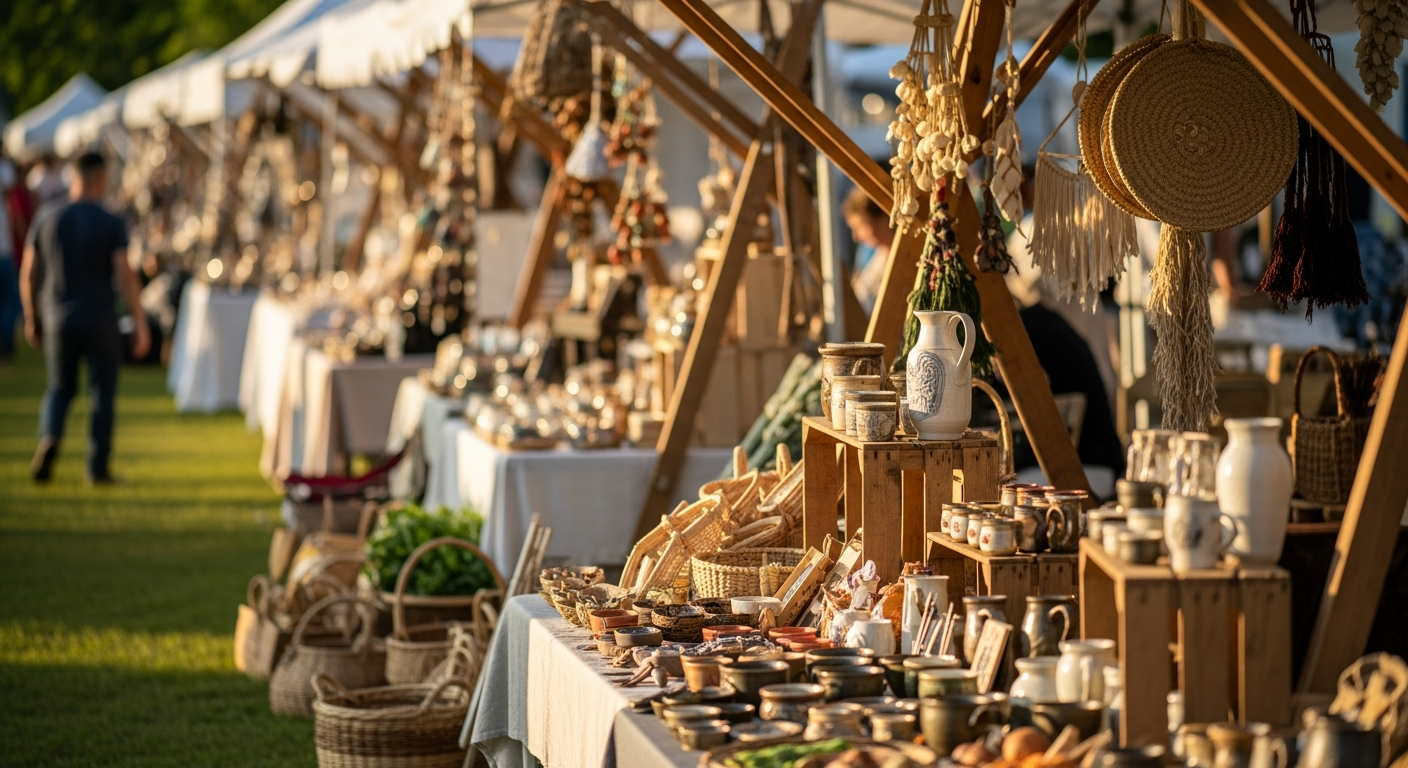An outdoor market stall displays numerous handmade items, including pottery, woven baskets, and hanging garlic braids and decorations. White tents and blurred people line a grassy field in the sunny background.