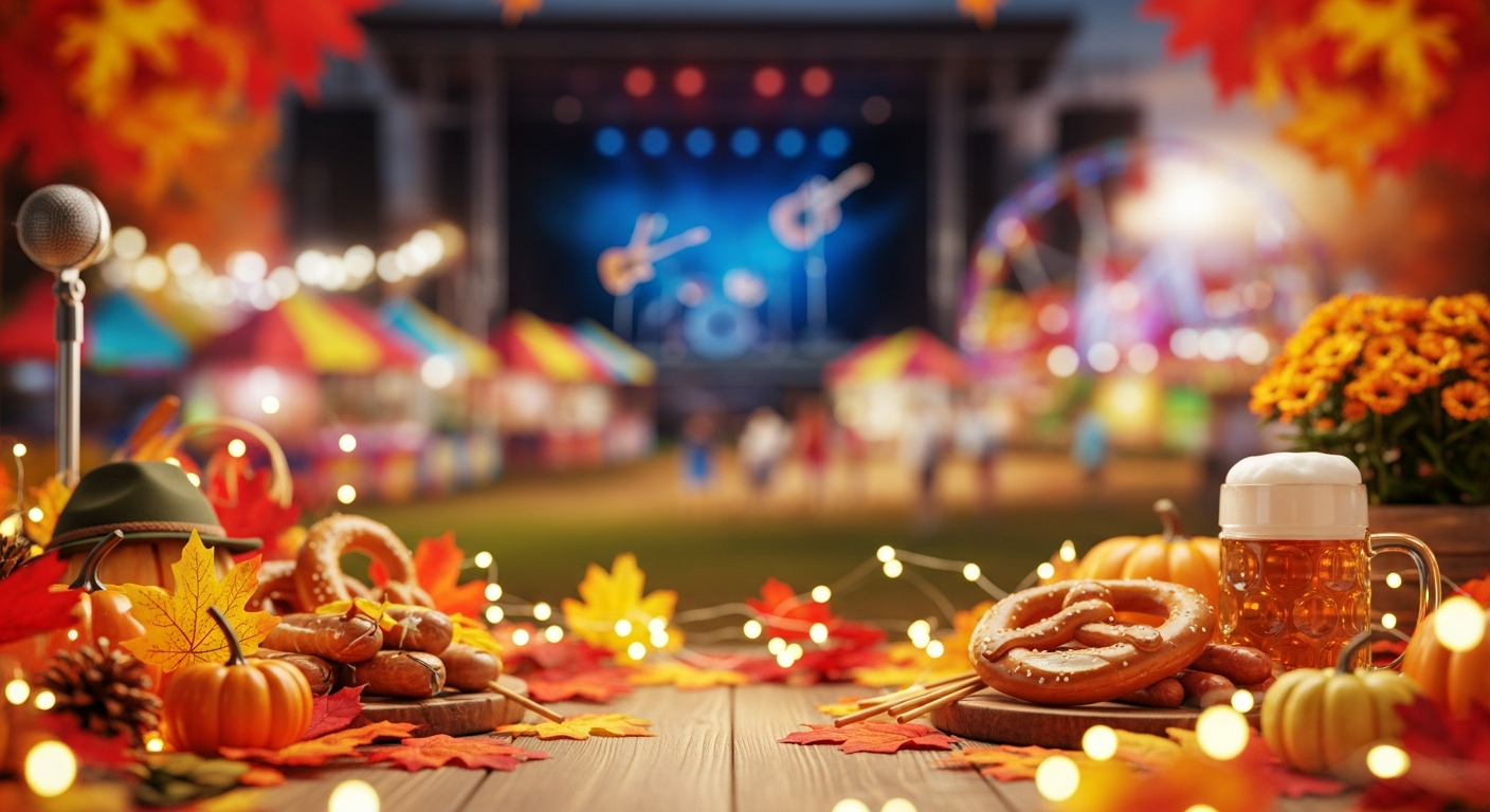 Pretzels, sausages, beer, and pumpkins sit on a wooden table adorned with autumn leaves and fairy lights, with a lively outdoor festival featuring a music stage and market stalls blurred in the background.