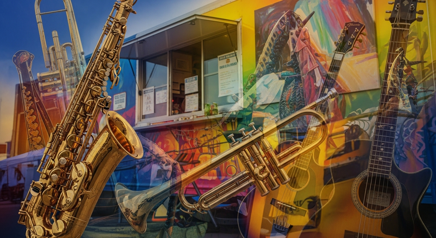 A vibrant collage featuring a golden saxophone, trumpet, and acoustic guitars layered over a colorful, graffiti-covered food truck.