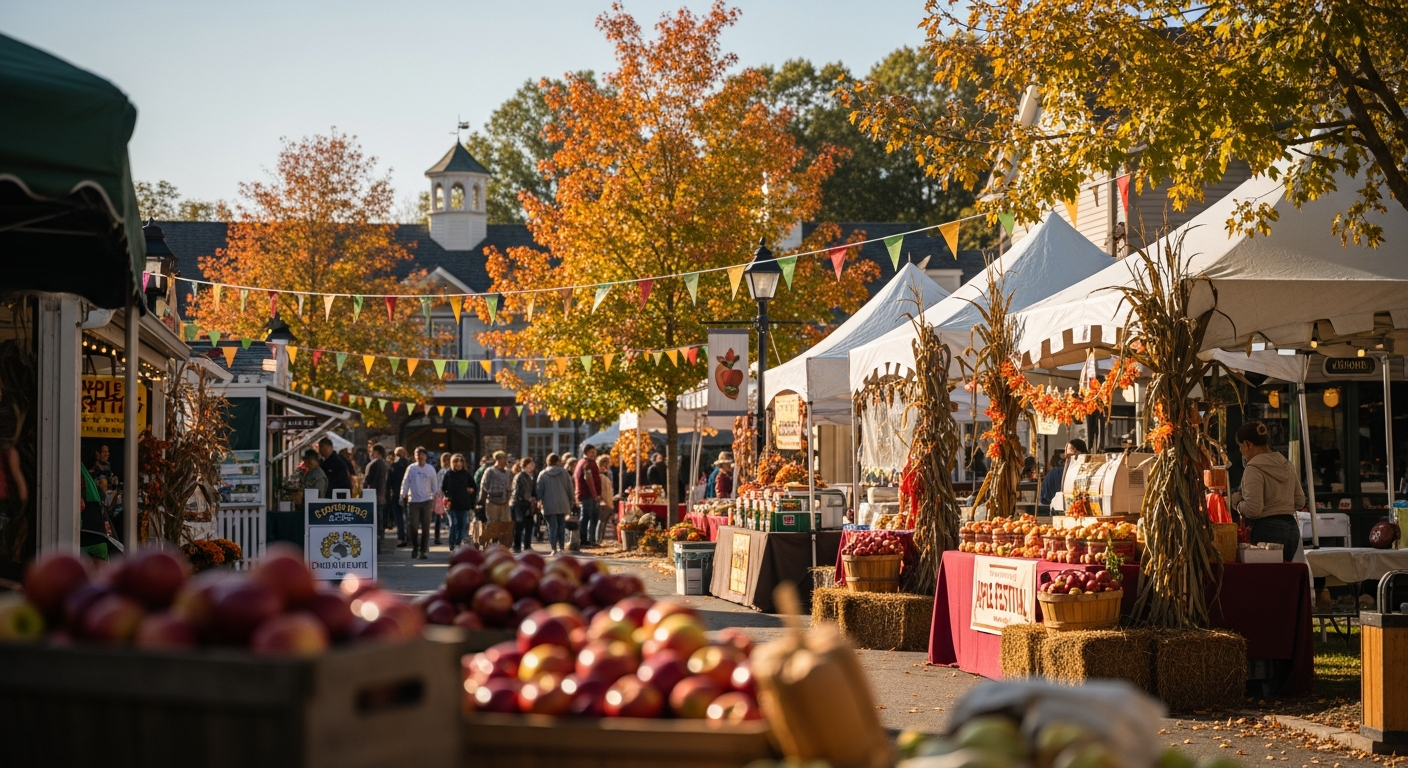 A bustling outdoor apple festival in autumn, with vendor tents and people lining a main path. Stalls decorated with corn stalks and hay bales overflow with baskets of fresh apples and other seasonal produce, under trees with brilliant fall foliage.