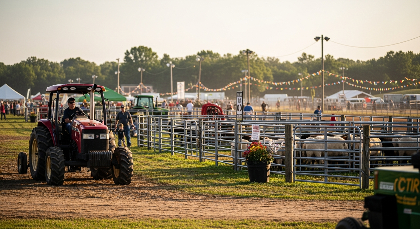 A man drives a red tractor on a dirt track at an outdoor fair. Fenced pens containing sheep are visible to the right, with tents, people, and colorful bunting in the background suggesting a lively event.