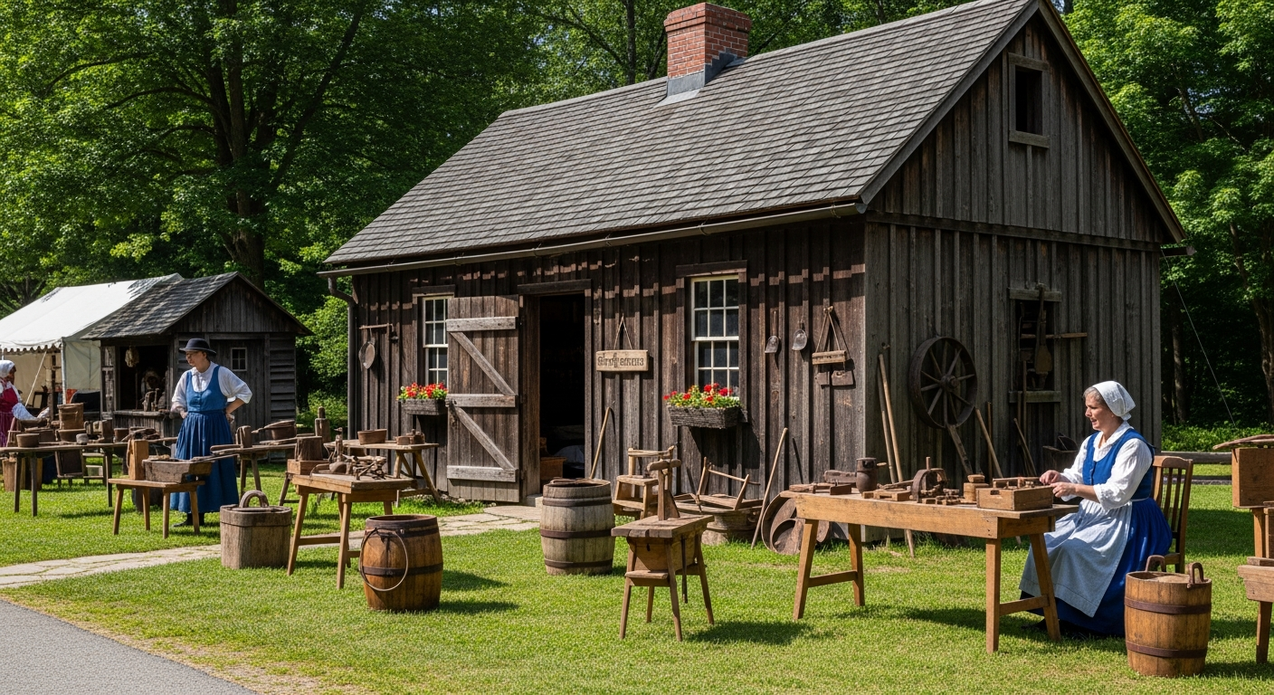 Two women in period attire demonstrate traditional crafts with wooden tools on a grassy lawn in front of a rustic wooden building labeled 