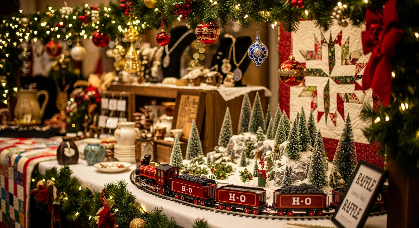 A red model train winds through a miniature snowy landscape with evergreen trees, framed by festive garlands and lights. In the background, tables display various handmade crafts, jewelry, and a Christmas quilt, suggesting a holiday market.