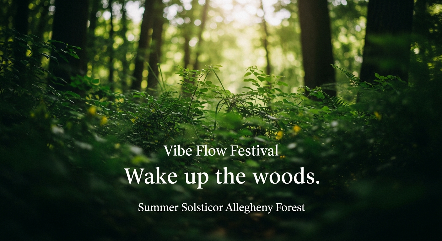 A lush green forest with dappled sunlight filtering through the canopy. Overlayed text announces 
