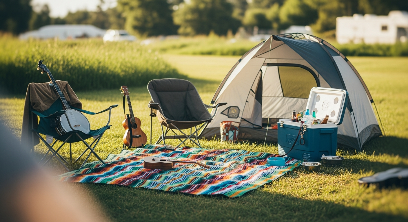 A cozy campsite features a tent, two camping chairs, and a colorful striped blanket laid on green grass. A banjo, guitar, and ukulele are visible, along with an open cooler full of drinks for a relaxed outdoor gathering.