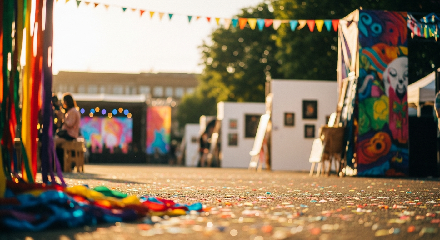 A lively outdoor art festival with colorful confetti on the ground, rainbow ribbons, and art displays. A stage with bright screens and festive bunting is visible in the background under warm golden hour light.