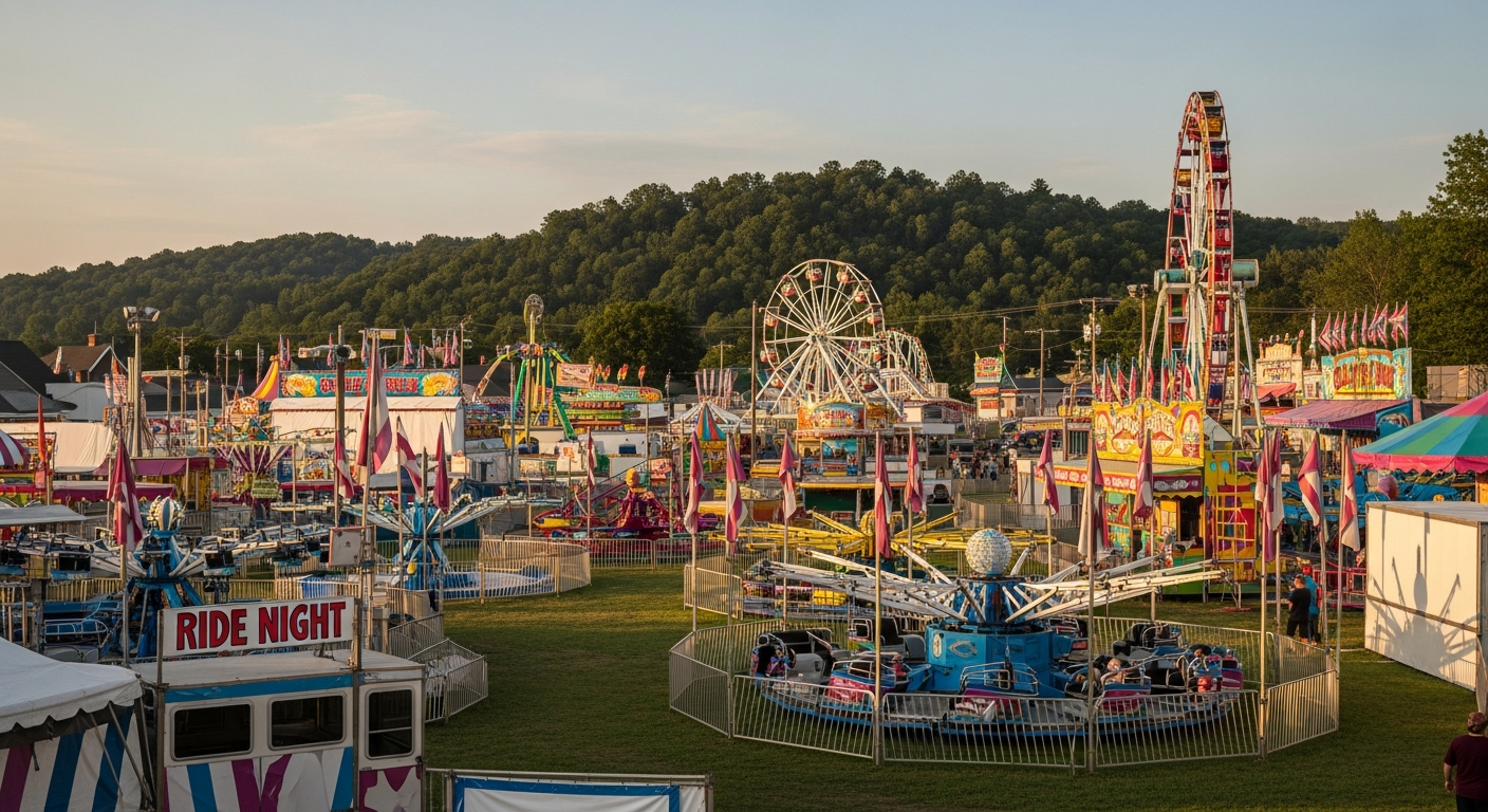 A vibrant outdoor carnival scene at dusk with multiple colorful rides, including a large Ferris wheel, spinning attractions, and game booths, set against a backdrop of wooded hills.