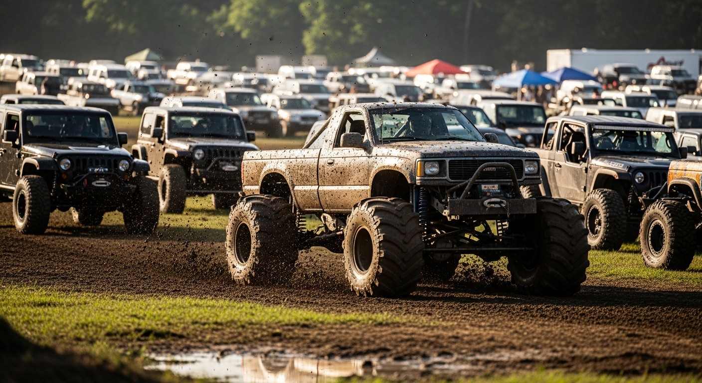 A large, mud-splattered monster truck with massive tires drives across a muddy track, kicking up dirt. Several dirty Jeeps are visible behind it, with many other vehicles and tents in the background at an outdoor off-road event.