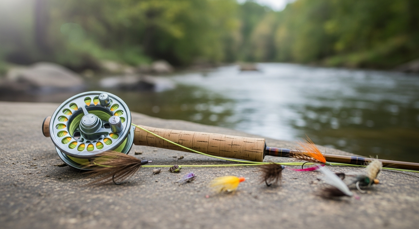 A fly fishing rod with a reel and bright yellow line rests on a stone bank, surrounded by several colorful fishing flies, with a blurred river and green trees in the background.