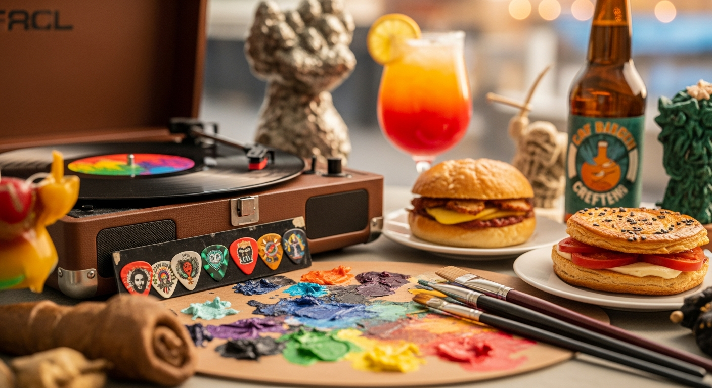 A brown portable record player with a colorful vinyl record sits beside an artist's palette covered in vibrant paints, brushes, and guitar picks. Nearby, a burger, a pastry sandwich, a layered cocktail, and a bottle of beer complete this scene of creative leisure.