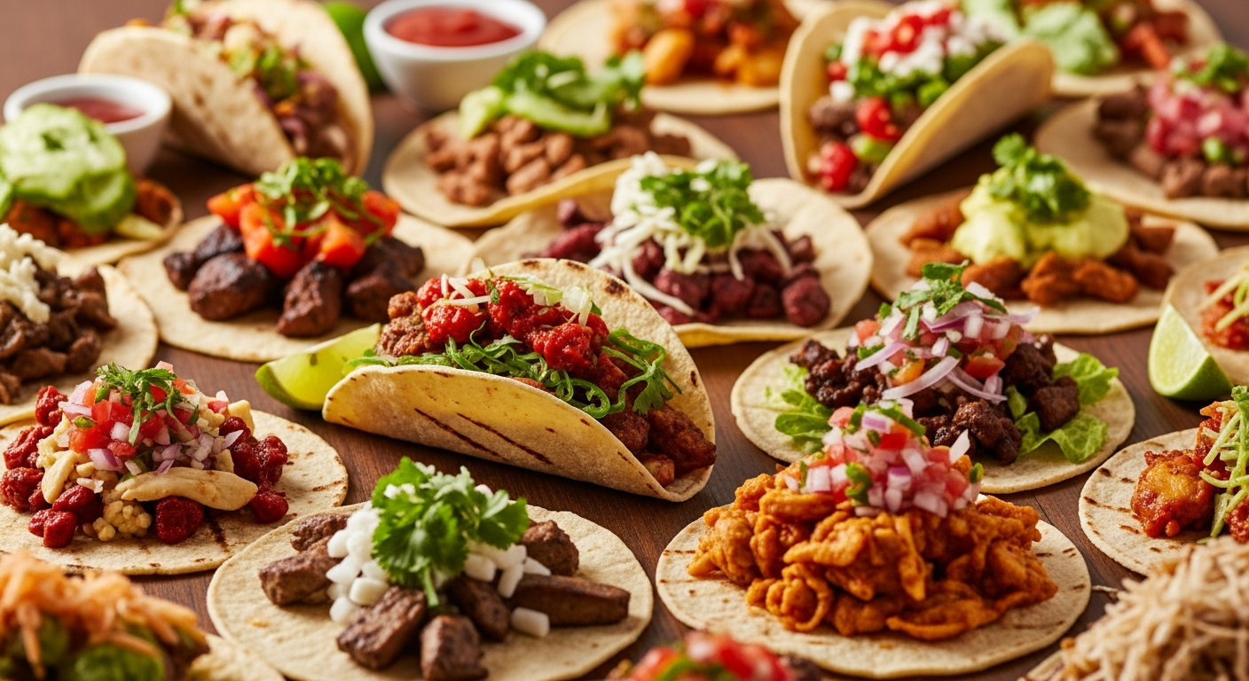 A close-up view of numerous street-style tacos laid out on a wooden table. They feature a variety of fillings including seasoned meats, vibrant salsas, guacamole, and fresh cilantro, with lime wedges scattered among them.