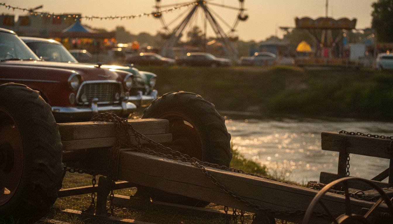 A weathered wooden wagon with large tractor wheels and chains rests in the foreground. Behind it, a line of classic cars is parked, with a blurred carnival featuring a Ferris wheel and carousel visible across a shimmering river at sunset.